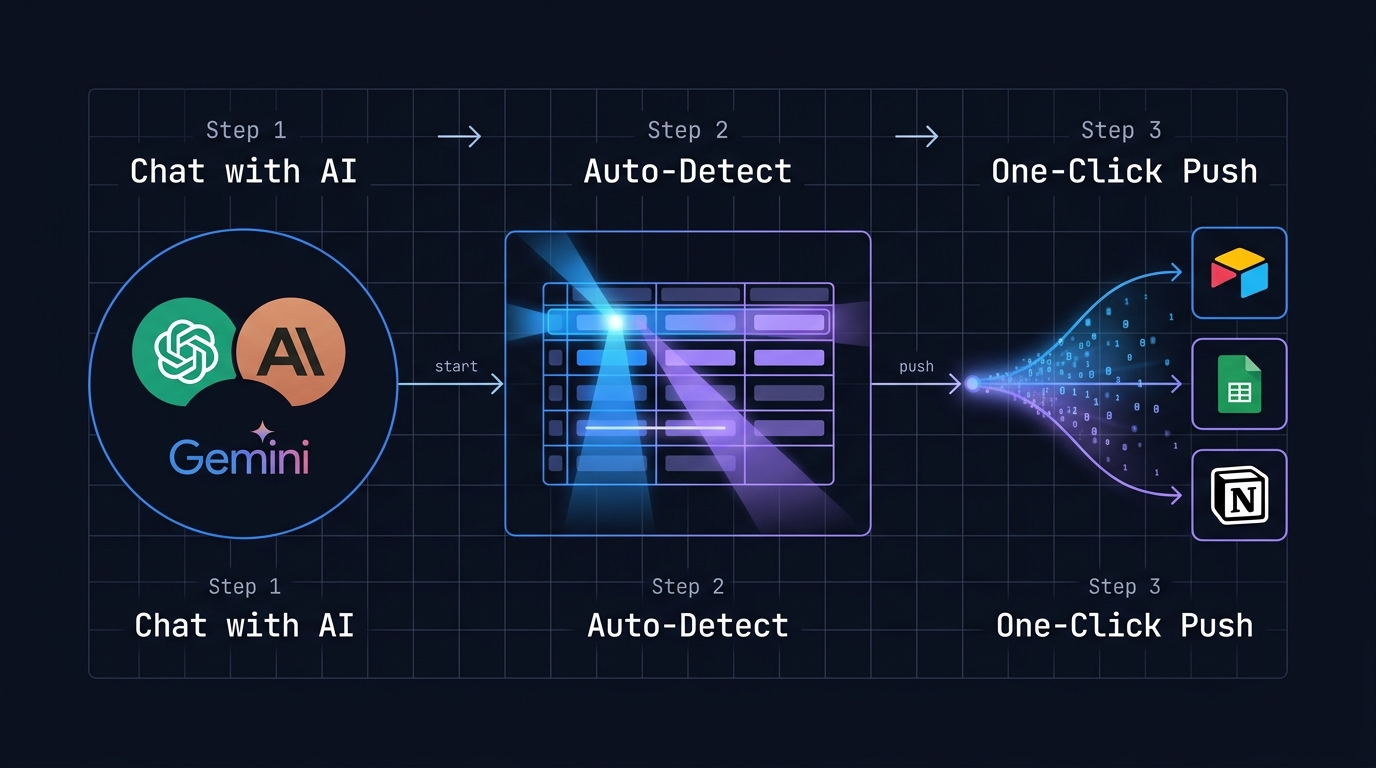 Chat2Base workflow diagram showing AI chat to database pipeline in three steps