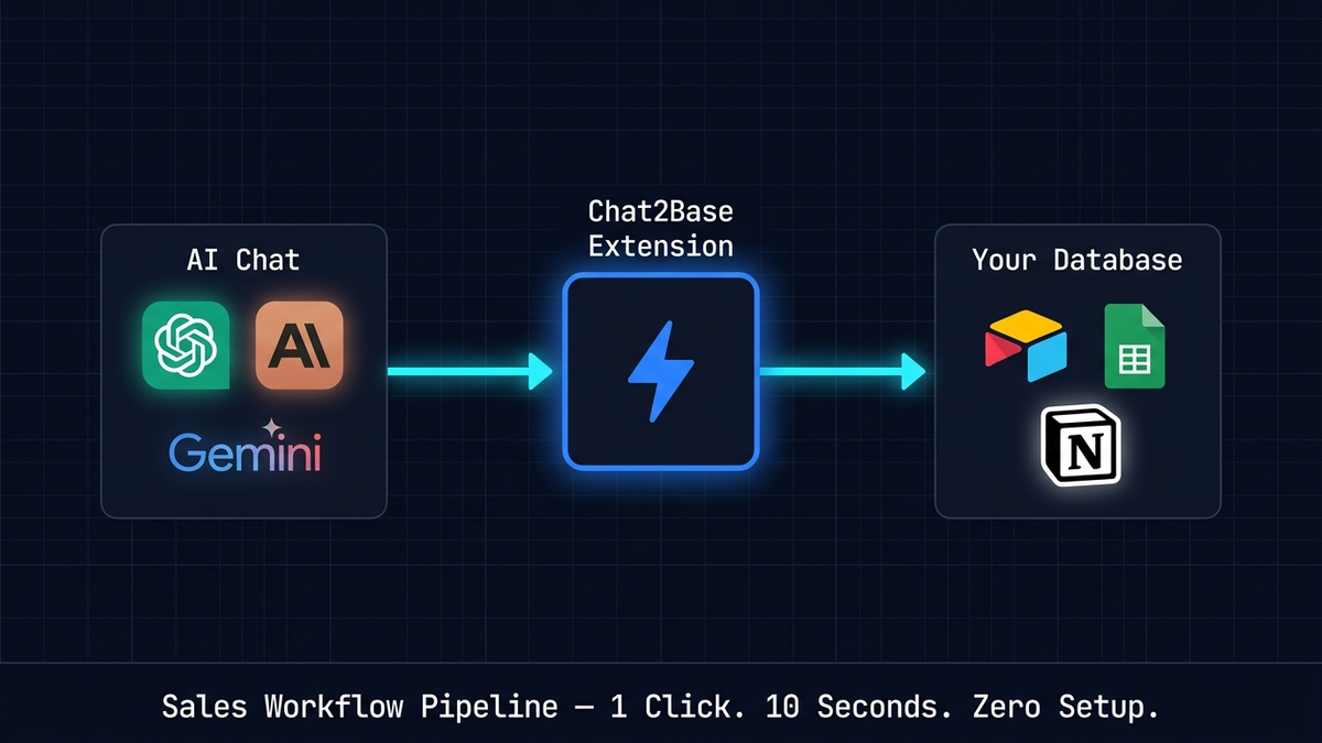 Chat2Base sales workflow diagram showing AI chat to database pipeline in three steps
